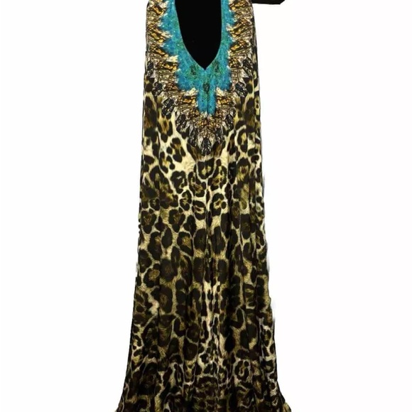 RARE! EUC Camilla Long Halter Dress Leopard Peacock Feather V Neck Studs Crystal - Picture 1 of 8